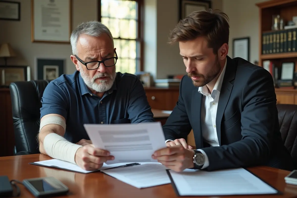 injured client reviewing compensation details with attorney