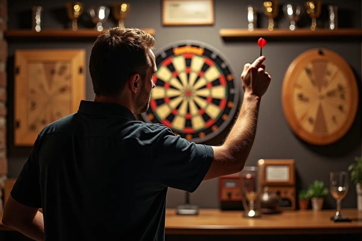 player practicing throwing technique in a professional home darts zone